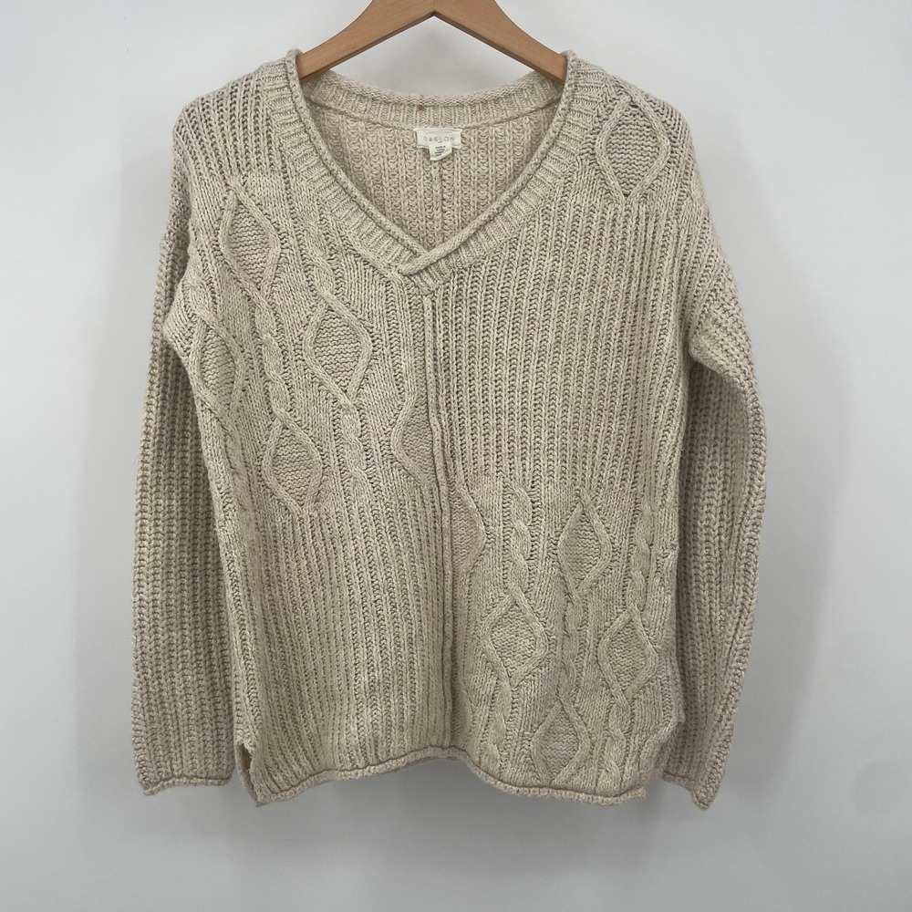 Caslon Womens Oatmeal Beige Mixed Cable‎ Knit V-Neck Fisherman Sweater XS XX7502